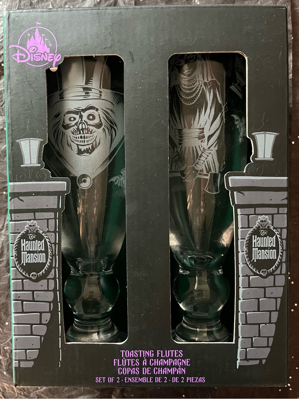 Disney Parks Haunted Mansion 2pc Toasting Flute Glass Set Bride Hatbox Ghost NIB